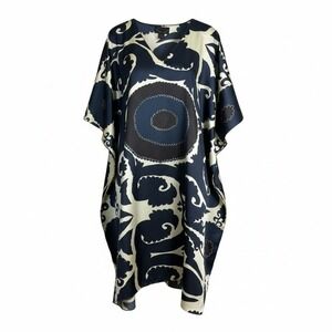Ashro Women Kaftan Caftan Dress OS Navy Blue Cream Satin Abstract Boho Gypsy